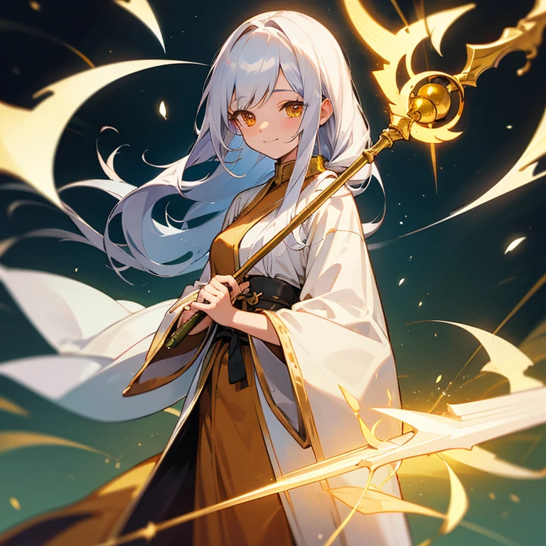 RPG game healer, Adventurer, woman, adult, A monk holding a golden staff, Silver Hair, long hair, Golden Eyes, (White)Clothes, cute, smile, (No text), (No frame)