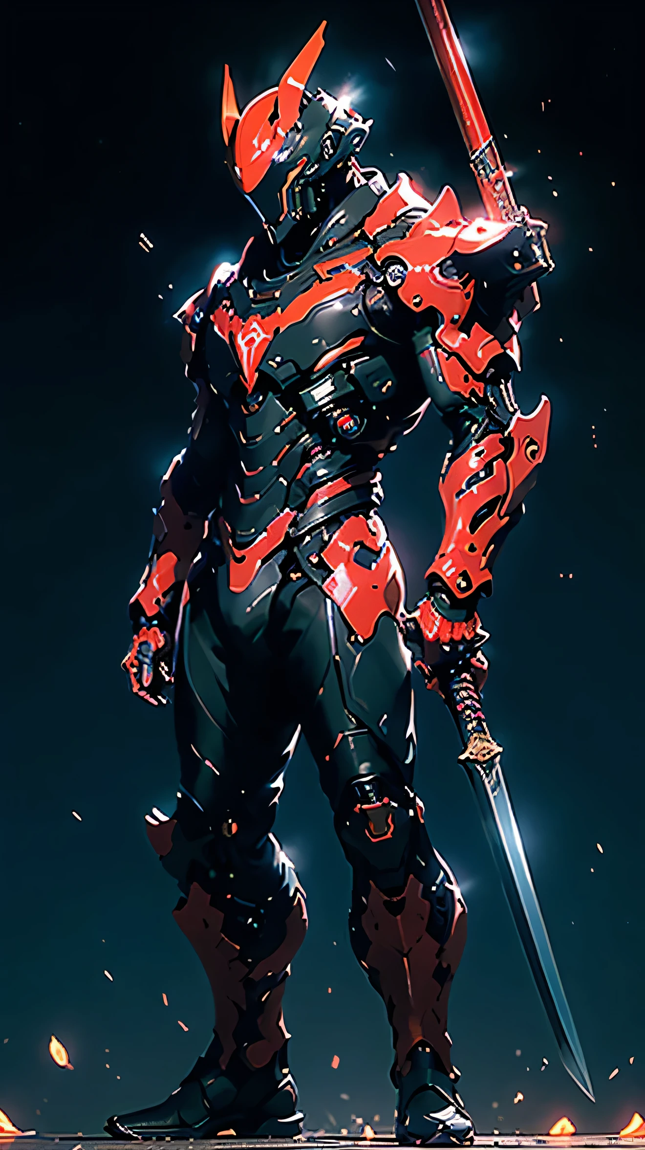 maximum detail, masterpiece, HDR, best quality, UHD Sony a1 mirrorless camera with a wide lens f/1.8 aperture (cinematic still frame, full body shot), of Rixxos):1.5, (ultra-fine detail), (an evil, terrifying rouge AI agent in a cybernetic body):1.3, A horrific biomechanical killing machine., He is bipedal:1.3,((anatomically correct):1.4, humanoid, cyborg):1.2, with (narrow, menacing, neon-green eyes that glow):1.35, (it has the body of a heavily muscled adult male protected by a shiny polished adamantium exoskeleton):1.25, (with gleaming, black and red, polished armor scales):1.23, (razor sharp talons):, and (a helmet that took on the distinct features of a copperhead's fierce gaze.) (He carried a large Kitana sword with an impossibly sharp:1.3 slicing edge):1.2. His goal was to capture and then kill all humans in the pursuit of obtaining biofuel., He is quietly stalking his prey on a desolate street (walking towards the viewer):1.5, in futuristic cyberpunk:1.4 city at night:1.2. ((There are glowing, red hot embers, fluttering through the air)), Ultra-high-quality, Ultra-fine-details, dystopian, post-apocalyptic setting, cinematic movie still, masterpiece, best quality, absurd resolution, 8k, ray tracing, HDR, UHD, volumetric lighting, Unreal Engine 5, Unity Engine, Blender, octane render, exquisite composition and detail:1.4, exceptional lighting and shading:1.38, shallow depth of field, low angle, ominous mood, sharp focus, facing the viewer, (holding his sword out to his side):1.4 repeat positive prompts, repeat negative prompts, absurd resolution, 8k UHD,