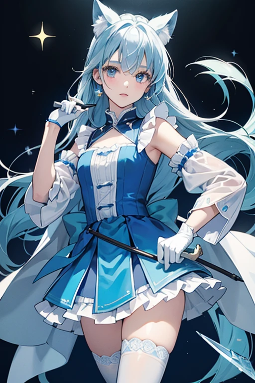 Tsukino is a pale-skinned girl with sapphire eyes and very long flowing ice blue hair with a single, pale yellow cowlick. She wears a blue spade clip and has pale blue bear ears and tail.
She wears a white tank top with a blue collar lined with white ruffles. An indigo and white striped cloth is attached to a gold and sapphire spade charm. This top is worn over a pale blue shirt with its sleeves resting below her shoulders. She wears a blue pleated skirt with white ruffles and a single white line near the bottom. Her boots are plain white with silver cuff and three tiny spots below a spade. These are worn with dark pink striped stockings. Attached to her back are two white capes with yellow spades depicted on them, and she has simple white gloves on with a small blue wristwatch. SPARKLE; GLITTER