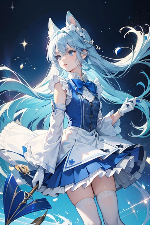 Tsukino is a pale-skinned girl with sapphire eyes and very long flowing ice blue hair with a single, pale yellow cowlick. She wears a blue spade clip and has pale blue bear ears and tail. 

She wears a white tank top with a blue collar lined with white ruffles. An indigo and white striped cloth is attached to a gold and sapphire spade charm. This top is worn over a pale blue shirt with its sleeves resting below her shoulders. She wears a blue pleated skirt with white ruffles and a single white line near the bottom. Her boots are plain white with  silver cuff and three tiny spots below a spade. These are worn with dark pink striped stockings. Attached to her back are two white capes with yellow spades depicted on them, and she has simple white gloves on with a small blue wristwatch. SPARKLE; GLITTER
