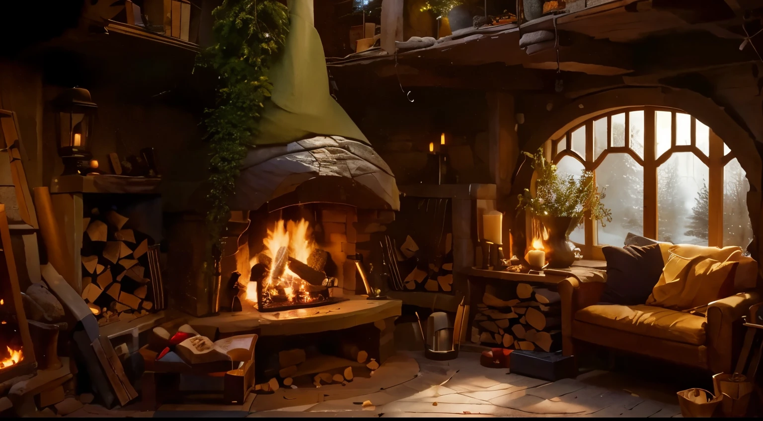 A cozy hobbit hat fireplace, winter ambient fill of objects, wood fire piles, a large window