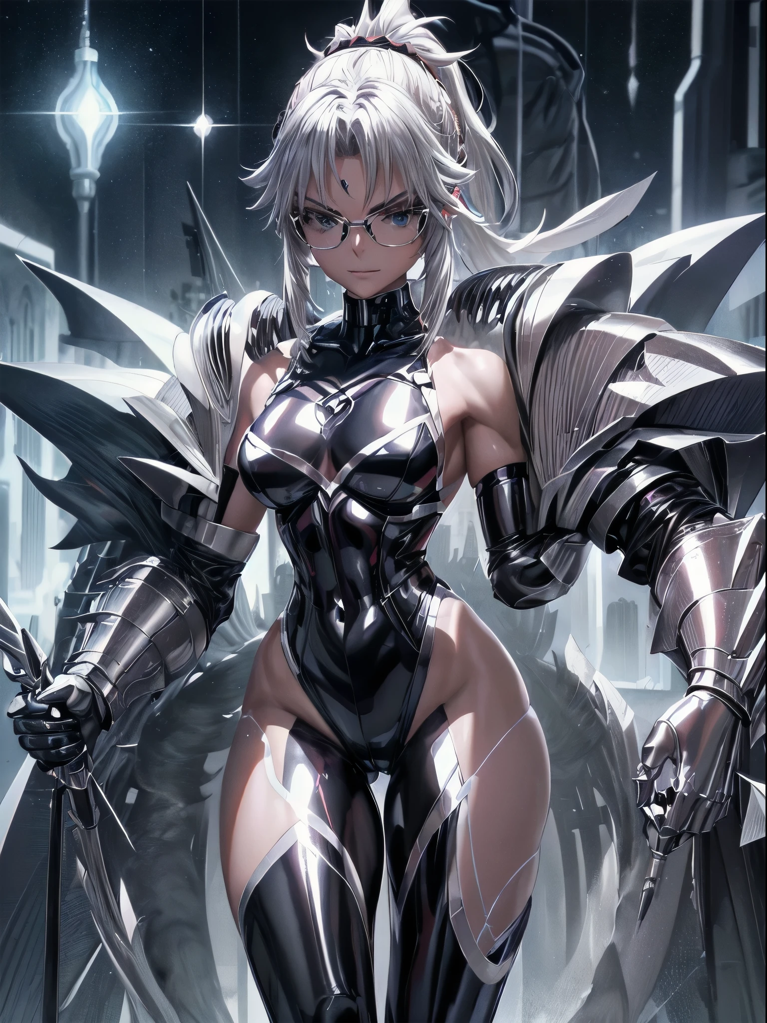5 8K UHD、Muscular beauty wearing shiny full-body silver armor wearing glasses with her arms behind her back、Beauty with shiny latex suit glasses with hidden skin、Upper body only