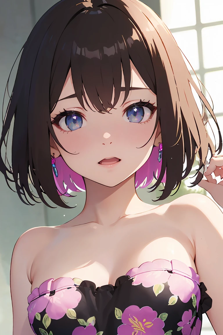 masterpiece, absurdres, best quality, ultra detailed, high Resolution, detailed illustration, bright colour, (extremely beautiful detailed face and eyes, Delicate beautiful face, 1 girl, cute face:1.3), (magenta eyes:1.1), sparkling eyes, big eyes, medium breasts, (perky breasts:1.1), (pointy breasts:1.1), medium hips, glamorous body, white skin, BREAK, long bob cut, (blonde hair:0.8), messy hair, detailed hair, shiny hair, BREAK (strapless mini casual dress with floral print, down blouse:1.5), perfect lighting, (embarrassed:1.5), (ecstasy, vulgarity:1.5), (trembling:0.8), (from underneath:1.5),