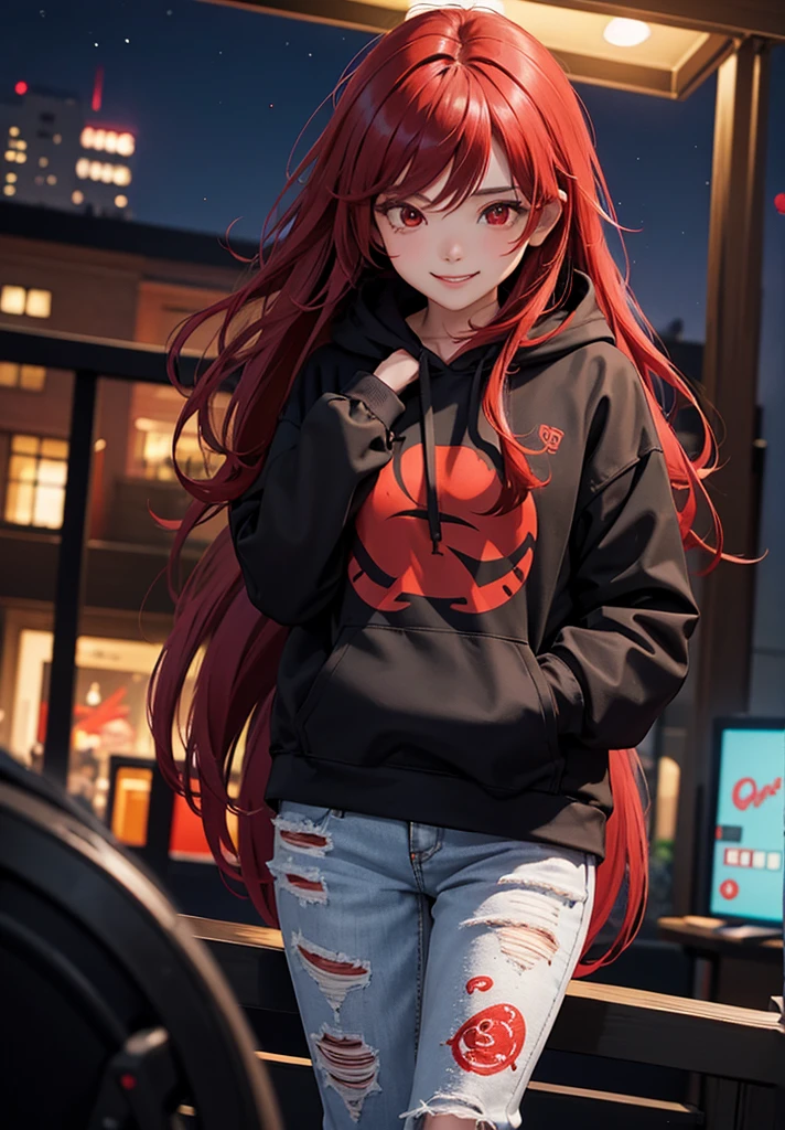 1woman, long hair red, red eyes, smile, black hoodie jacket, symbol print in hoodie jacket, short jeans pant, at night,
