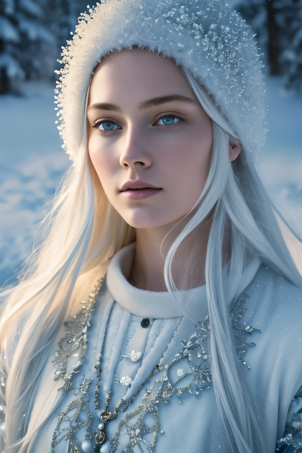 sJames Christensen, in his distinctive style, captures a portrait of a snow goddess in an ultra-detailed 30-megapixel image, skillfully rendered in 4K resolution with an 85-mm lens. The sharp focus on the goddess' captivating face is accentuated by a long exposure time, ensuring intricate details are brought to life, with each curve and feature expertly outlined in f/8 and ISO 100 settings. The shutter-speed of 1/125 seconds captures a sense of serenity, as if time itself has paused for this divine moment.
Utilizing diffuse back-lighting, Christensen creates