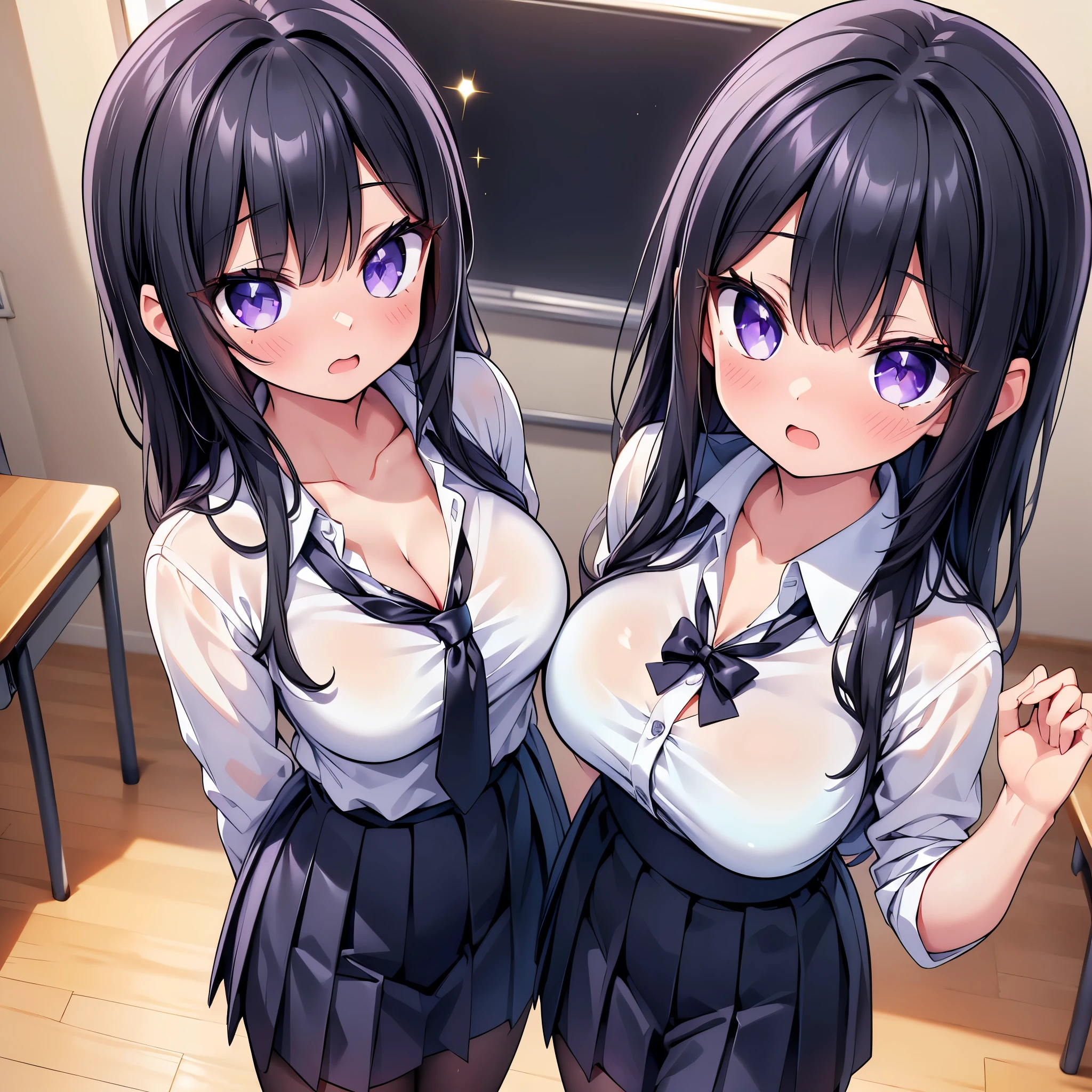 (cute eyes:1.2), (sparkling eyes:1.2), (8K、Best image quality、highest quality、masterpiece)、Detailed face、(2 girls)、Improve、(Black Hair, Purple Eyes, long hair)、(open mouth), (embarrassed), (skinny body:1.1),(medium breasts), (White collared shirt:1.2), (standing), (leaning forward), (clothes pull:1.2), (cleavage), Classroom Background,(from above:1.2)
