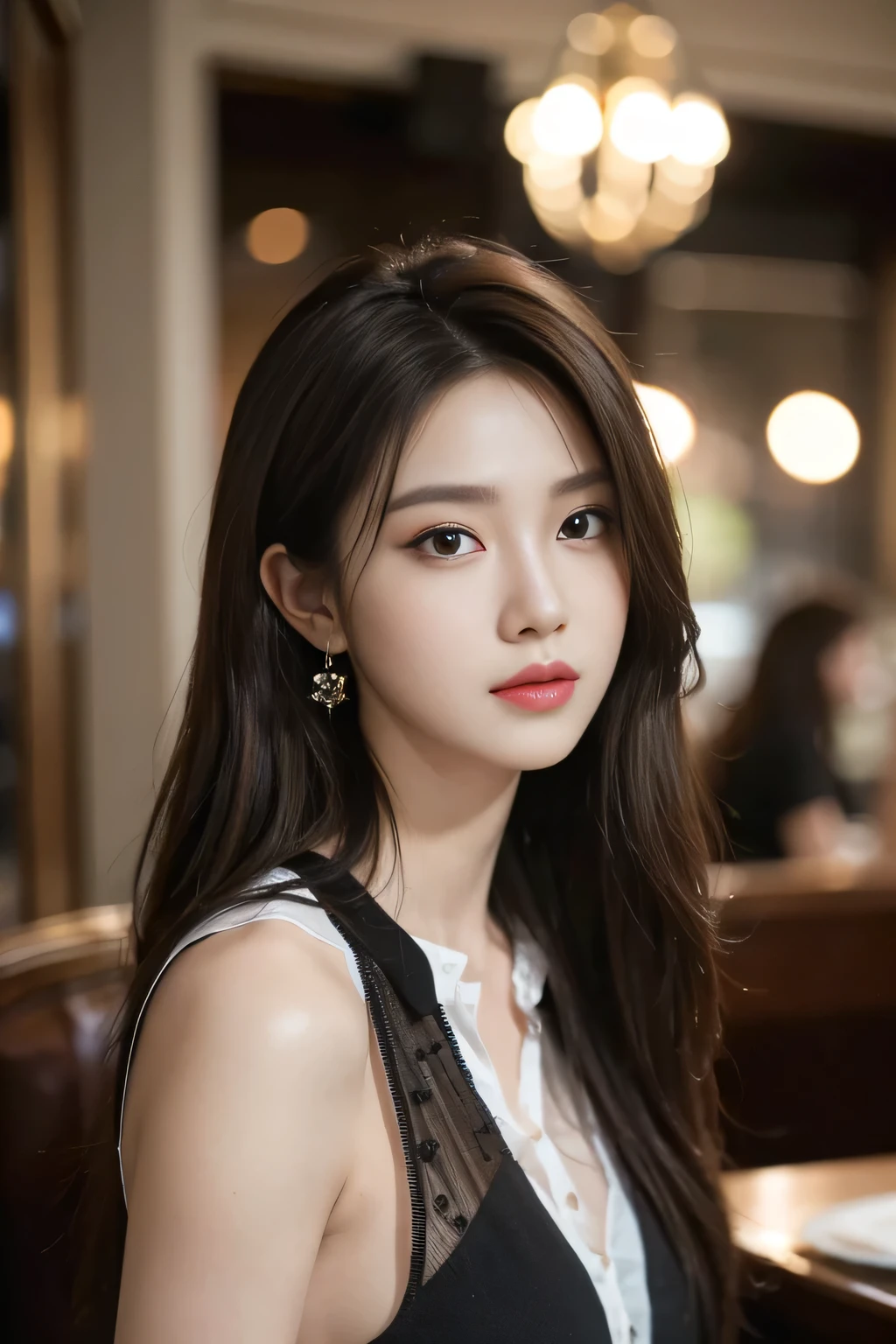 masterpiece, highest quality, Realistic, Very detailed, Finer details, High resolution, 8k wallpaper, One beautiful woman, Wear a black see-through shirt, In a great restaurant, At night, Light brown messy hair, Perfect dynamic composition, Beautiful and beautiful eyes、Big earrings