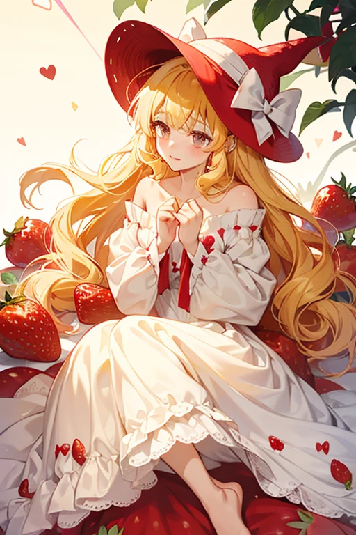 she wears a huge strawberry as a hat, a long sleeve white gown, bare feet, and a red bow with long tails on her back. Her yellow hair peeks out from under her strawberry hat and a single tear is always falling from her eye. SPARKLE; GLITTER