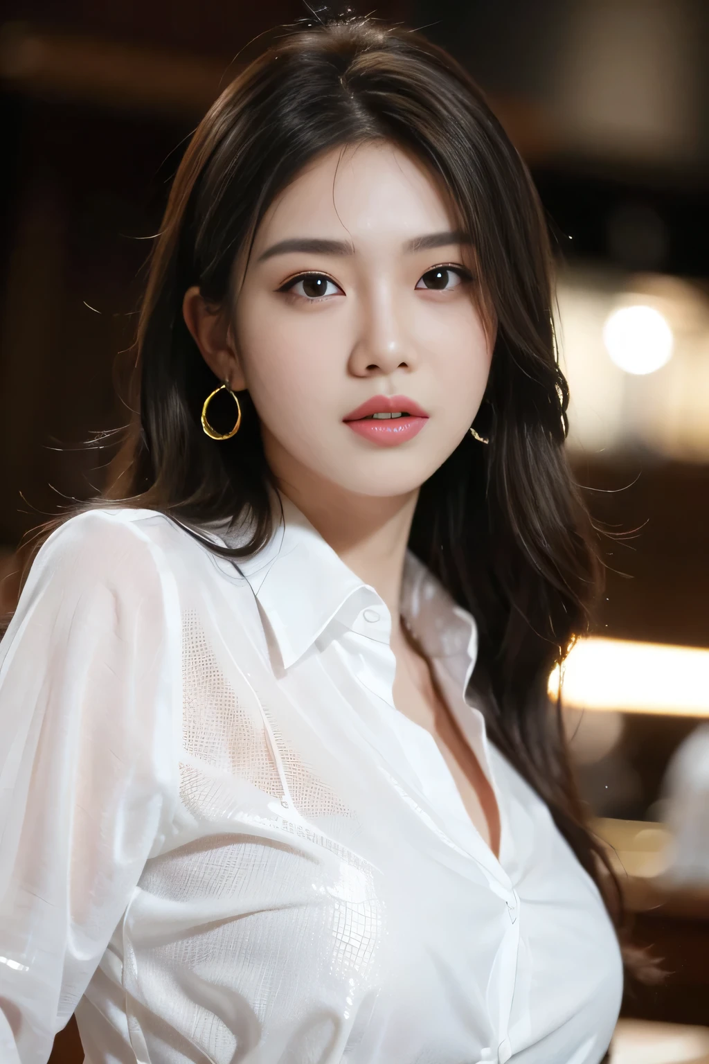 masterpiece, highest quality, Realistic, Very detailed, Finer details, High resolution, 8k wallpaper, One beautiful woman, Wear a black see-through shirt, In a great restaurant, At night, Light brown messy hair, Perfect dynamic composition, Beautiful and beautiful eyes、Big earrings