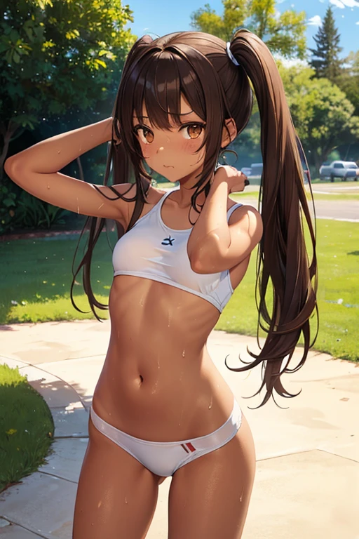 2D,highest quality,(masterpiece),(whole body),semi-long,Twin tails,Brown Hair,1 girl,young,((Healthy brown skin)),((Sunburn)), Skin glowing with oil,(Slim body),Slim figure, skinny, Navel,outside,Sweat,Girl's Mischief, , Little brat, Cheeky brat, Jump, Athletics Stadium, Abdominal muscles, rib cage