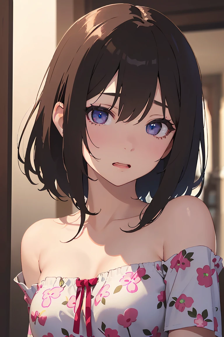masterpiece, absurdres, best quality, ultra detailed, high Resolution, detailed illustration, bright colour, (extremely beautiful detailed face and eyes, Delicate beautiful face, 1 girl, cute face:1.3), (magenta eyes:1.1), sparkling eyes, big eyes, medium breasts, (perky breasts:1.1), (pointy breasts:1.1), medium hips, glamorous body, white skin, BREAK, long bob cut, (blonde hair:0.8), messy hair, detailed hair, shiny hair, BREAK (strapless mini casual dress with floral print, down blouse:1.5), perfect lighting, (embarrassed:1.5), (ecstasy, vulgarity:1.5), (trembling:0.8), (from under:1.5),