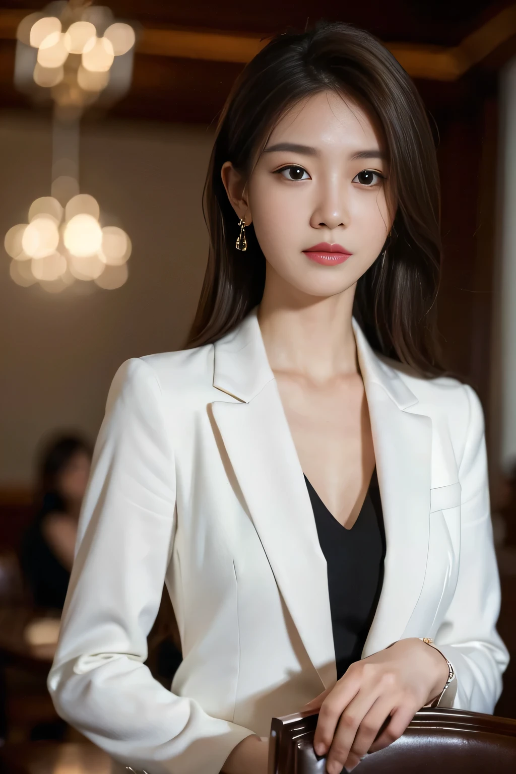 masterpiece, highest quality, Realistic, Very detailed, Finer details, High resolution, 8k wallpaper, One beautiful woman, Wear a business suit, In a great restaurant, At night, Light brown messy hair, Perfect dynamic composition, Beautiful and beautiful eyes、Big earrings