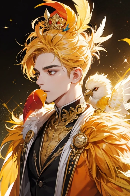 He has yellow feathers, two hairs on the top of his head, and an orange beak, SPARKLE; GLITTER
