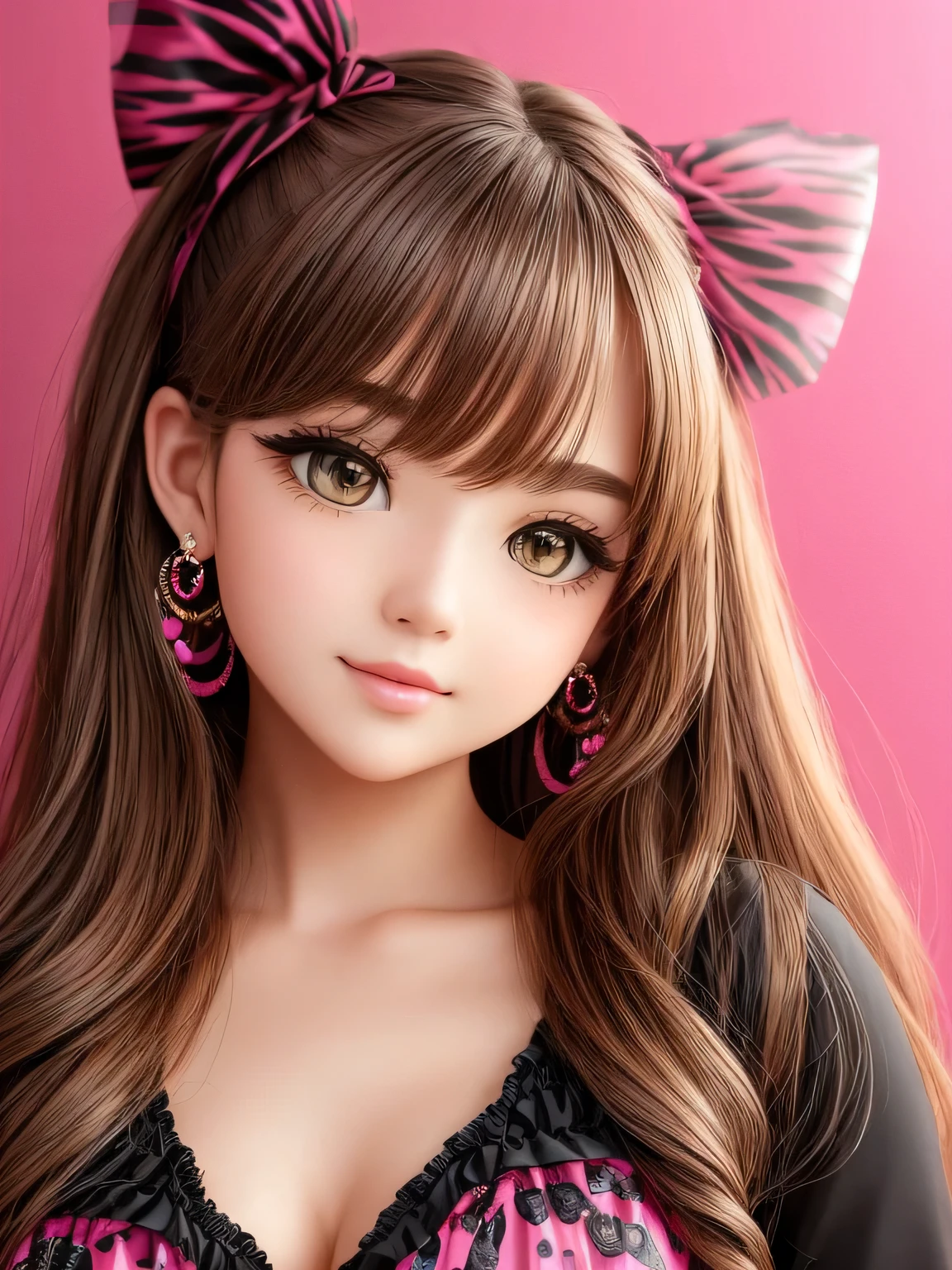 A girl with curly, dark blonde hair and an oval face. She has round, doe eyes with brown color and manga-style eyelashes. She is wearing gyaru makeup and animal print clothes, which reflect her gyaru clothing style. Her outfit consists of black and pink colors, with a corset and skirt adorned with bows. She has long, pink nails and wears earrings with pom poms. The girl poses cutely, radiating a sense of charm and innocence.
The image should be of the best quality, with a resolution of 4k or higher. It should be ultra-detailed and have a photorealistic effect with a strength of 1.37. The lighting should be vibrant and evoke a studio-like atmosphere. The colors should be vivid and the image should have a bokeh effect in the background. The overall style of the image should be in line with portraits and anime. The colors should be vibrant and colorful, with a soft, warm light illuminating the scene.