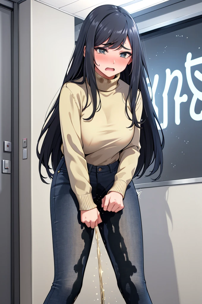 A woman with very long black hair, (very long hair:1.25) and (long bangs:1.5), wearing a stylish wool turtleneck sweater with jeans, long sleeves, (low-rise jeans:1.25), (low-cut jeans:1.25), standing. The artwork is inspired by manga and incorporates a doujin style. The woman appears to be (wetting herself:1.5), which causes her to feel embarrassed and humiliated, resulting in a blush on her face. In addition, there is an air of anger in her expression. The lighting in the scene is moody, with a spotlight highlighting the woman's figure, She has a very large pee stain that covers almost the entire front of her jeans., large breasts, skinny