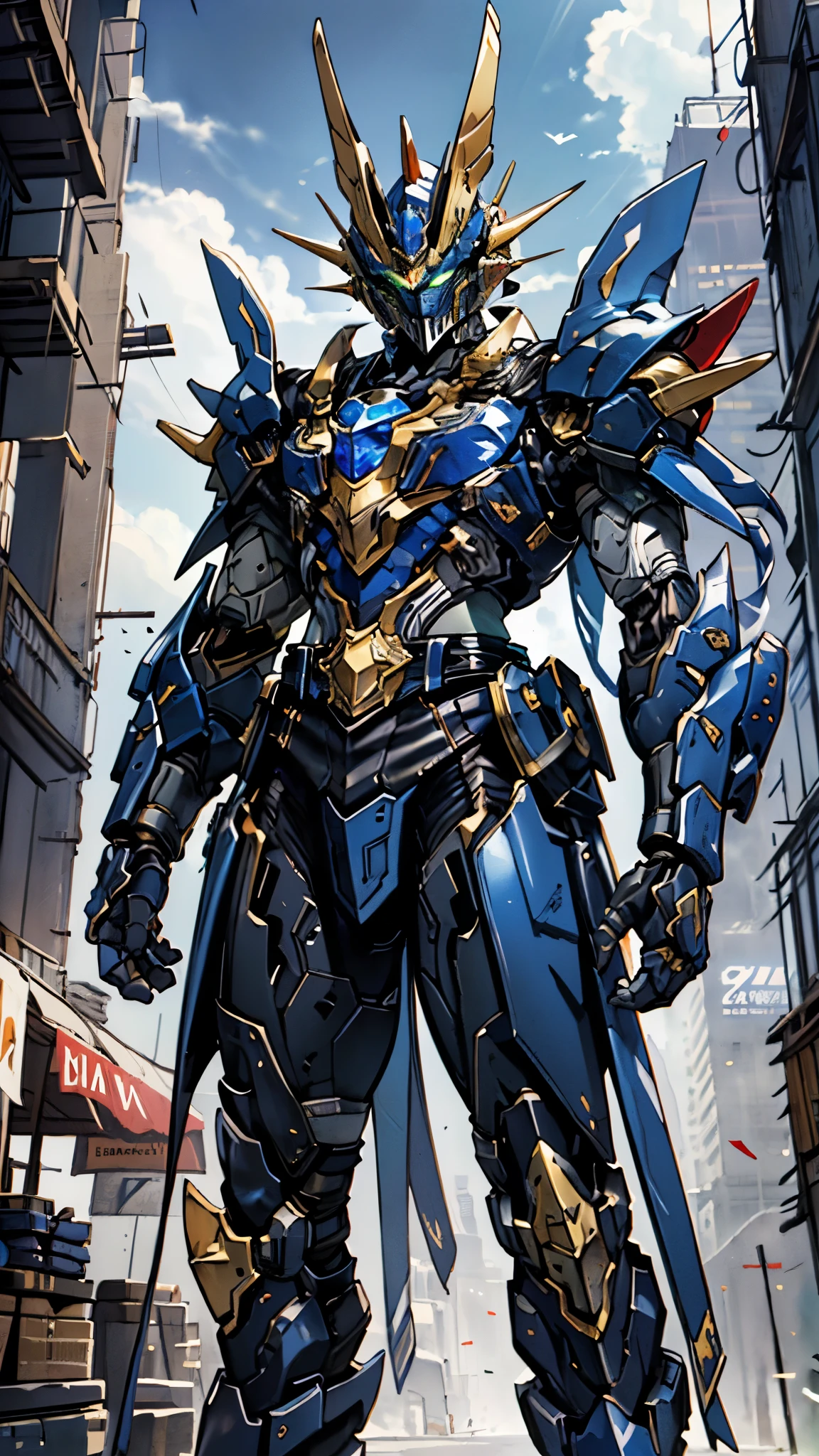A man wearing a full-face helmet, a fantasy-style biotech armored combat suit, green eyes, (a composite layered chest armor), fully enclosed shoulder guards, matching arm and leg guards, the belt is adorned with Z mark, (the color scheme is primarily white with red and blue accents), the design balances heavy with agility, a high-tech bio-mecha armor, (Armor Concept Inspired by Mazinger Z, stand on the top of a skyscraper in a futuristic sci-fi city), this character embodies a finely crafted fantasy-surreal style armored hero in anime style, exquisite and mature manga art style, (battle damage, element, plasma, energy, the armor glows), ((male:1.5)), metallic, real texture material, dramatic, high definition, best quality, highres, ultra-detailed, ultra-fine painting, extremely delicate, professional, perfect body proportions, golden ratio, anatomically correct, symmetrical face, extremely detailed eyes and face, high quality eyes, creativity, RAW photo, UHD, 32k, Natural light, cinematic lighting, masterpiece-anatomy-perfect, masterpiece:1.5