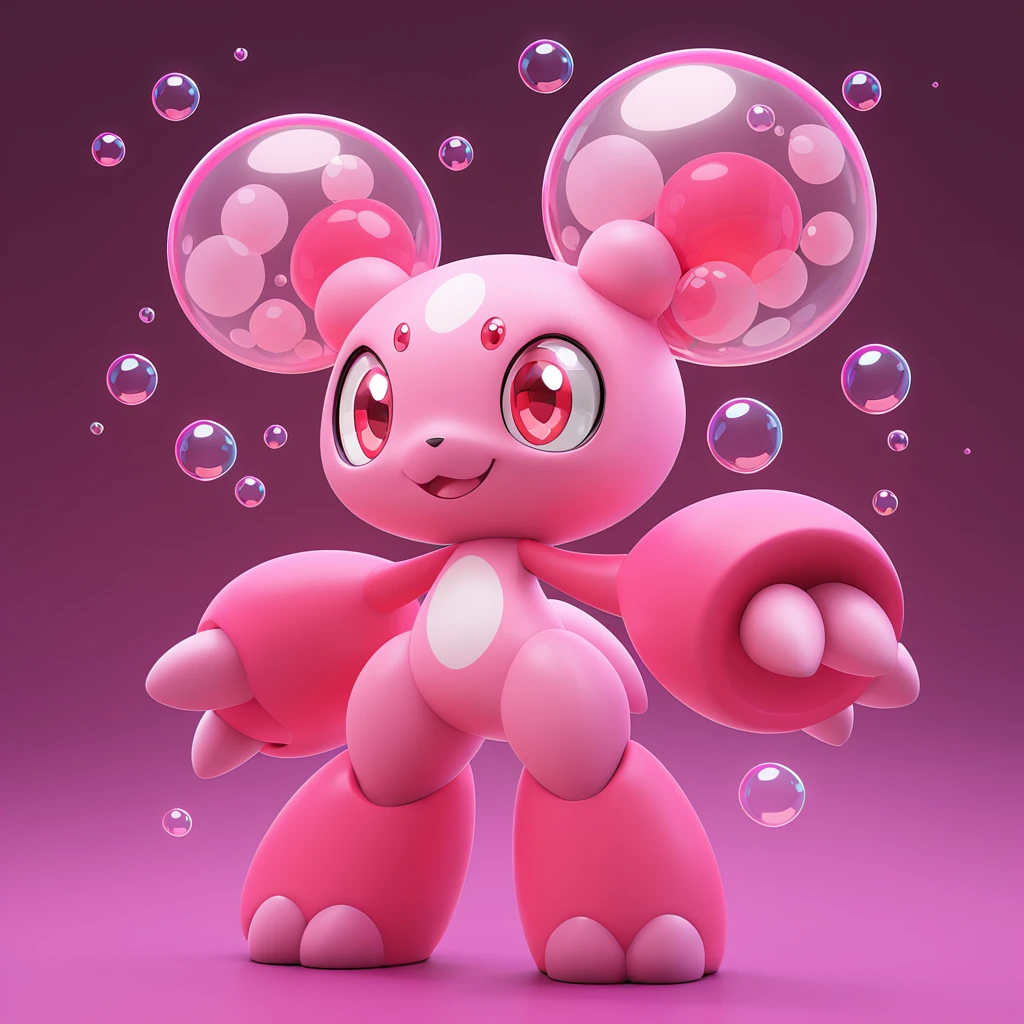 A tiny digimon that shed its fuzz to get bigger and produces bubbles to intimidate, colors are primarily Pink with red eyes, background toyland
