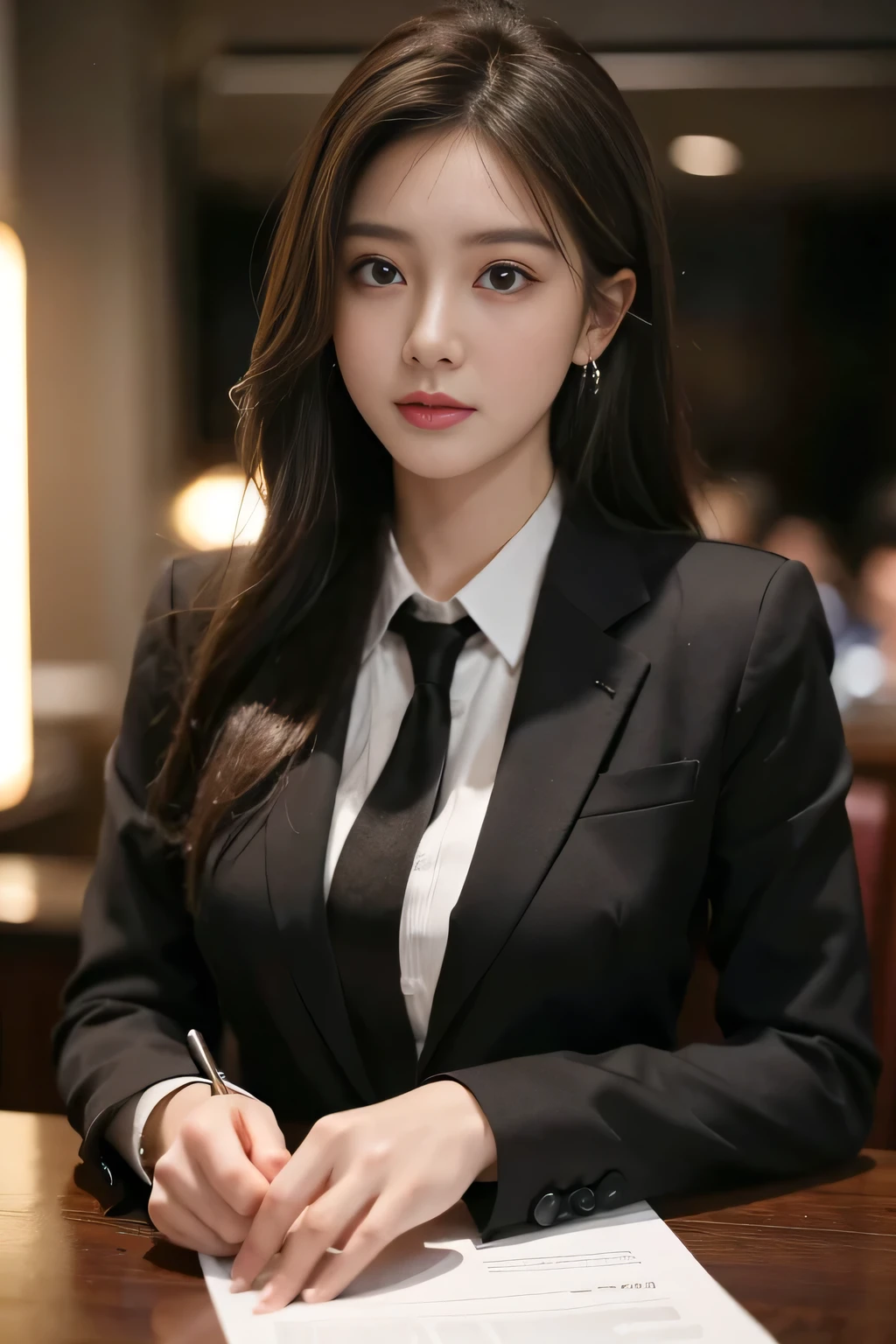 masterpiece, highest quality, Realistic, Very detailed, Finer details, High resolution, 8k wallpaper, One beautiful woman, Wear a business suit, In a great restaurant, At night, Light brown messy hair, Perfect dynamic composition, Beautiful and beautiful eyes、Big earrings
