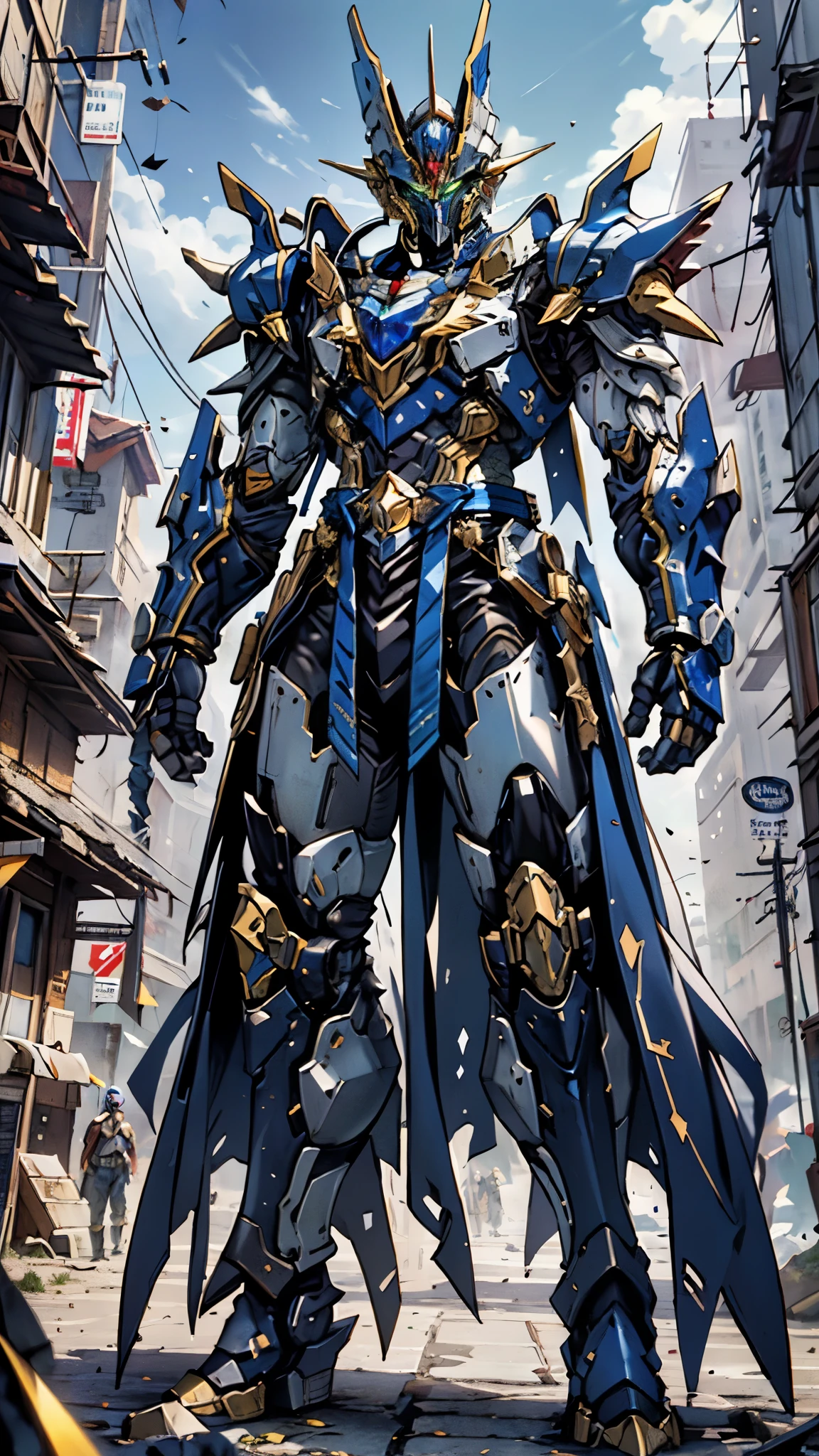 A man wearing a full-face helmet, a fantasy-style biotech armored combat suit, green eyes, (a composite layered chest armor), fully enclosed shoulder guards, matching arm and leg guards, the belt is adorned with Z mark, (the color scheme is primarily white with red and blue accents), the design balances heavy with agility, a high-tech bio-mecha armor, (Armor Concept Inspired by Mazinger Z, stand on the top of a skyscraper in a futuristic sci-fi city), this character embodies a finely crafted fantasy-surreal style armored hero in anime style, exquisite and mature manga art style, (battle damage, element, plasma, energy, the armor glows), ((male:1.5)), metallic, real texture material, dramatic, high definition, best quality, highres, ultra-detailed, ultra-fine painting, extremely delicate, professional, perfect body proportions, golden ratio, anatomically correct, symmetrical face, extremely detailed eyes and face, high quality eyes, creativity, RAW photo, UHD, 32k, Natural light, cinematic lighting, masterpiece-anatomy-perfect, masterpiece:1.5