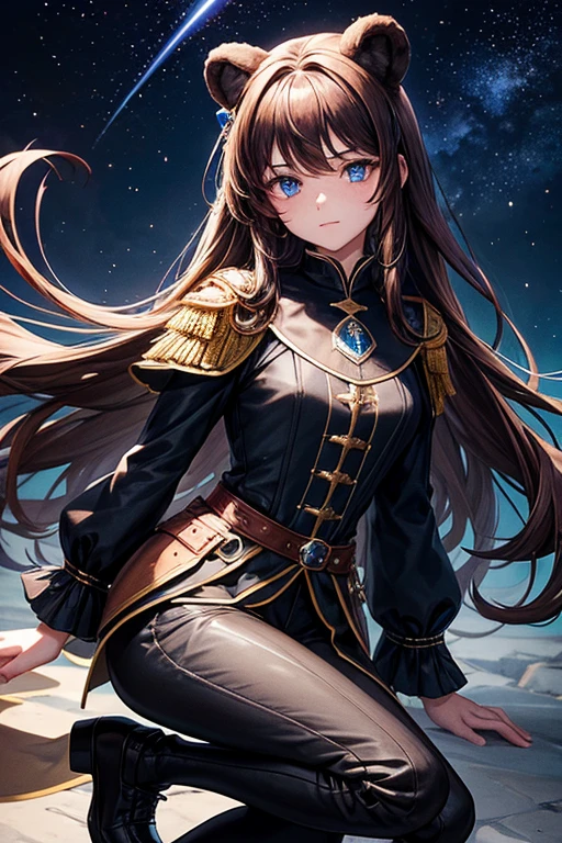 , long brown hair, medieval French clothing, light blue and black shirt, black pants, black shoes, bearskin jacket, sapphire brooch in the shape of a shooting star, black beads, blue eyes, dark castle background.