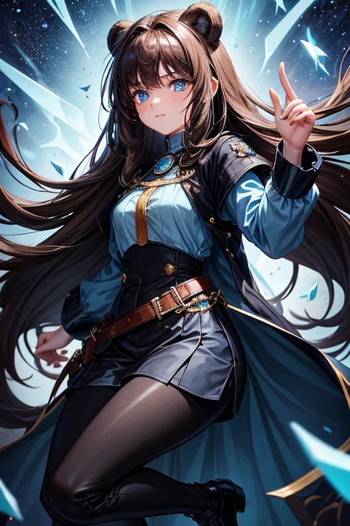 15-year-old girl, long brown hair, medieval French clothing, light blue and black shirt, black pants, black shoes, bearskin jacket, sapphire brooch in the shape of a shooting star, black beads, blue eyes, dark castle background.