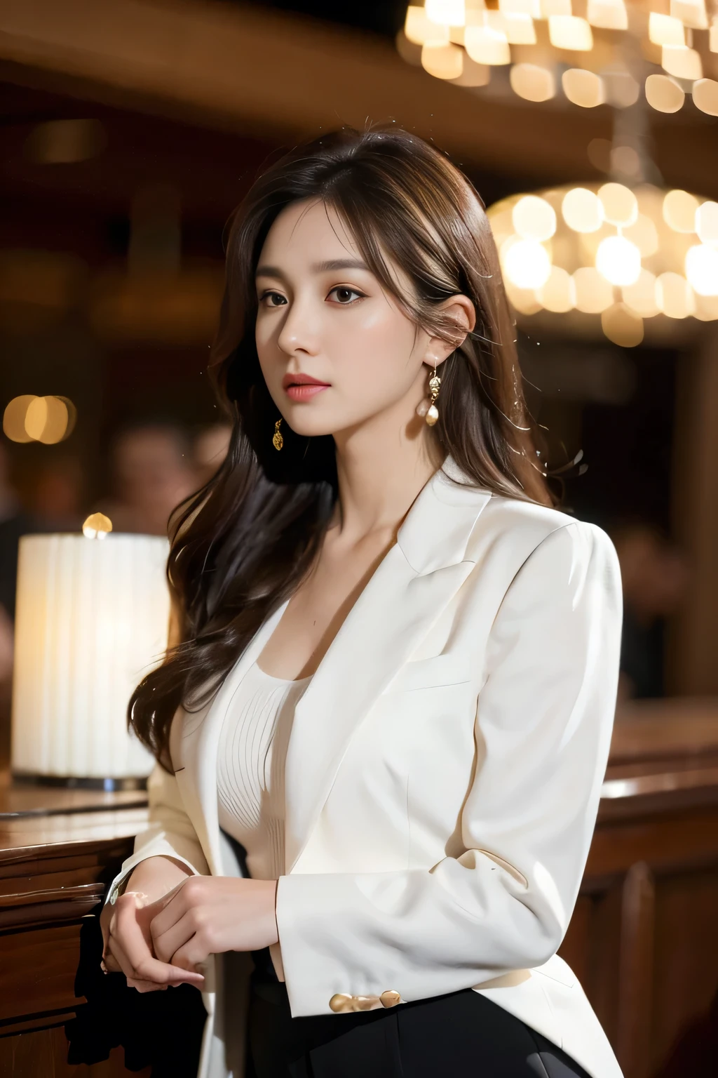 masterpiece, highest quality, Realistic, Very detailed, Finer details, High resolution, 8k wallpaper, One beautiful woman, Wear a business suit, In a great restaurant, At night, Light brown messy hair, Perfect dynamic composition, Beautiful and beautiful eyes、Big earrings
