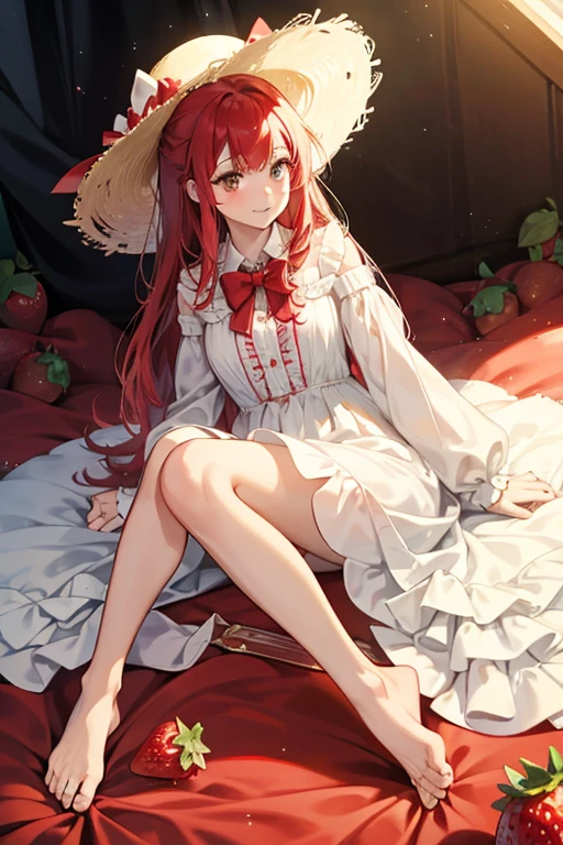 a huge strawberry as a hat, a long sleeve white gown, bare feet, and a red bowtie. her yellow bangs peek out from under her strawberry hat. SPARKLE; GLITTER