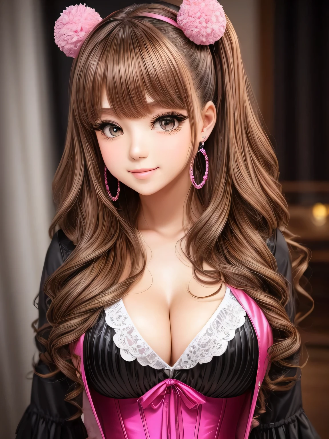 A girl with curly, dark blonde hair and an oval face. She has round, doe eyes with brown color and manga-style eyelashes. She is wearing gyaru makeup and animal print clothes, which reflect her gyaru clothing style. Her outfit consists of black and pink colors, with a corset and skirt adorned with bows. She has long, pink nails and wears earrings with pom poms. The girl poses cutely, radiating a sense of charm and innocence.
The image should be of the best quality, with a resolution of 4k or higher. It should be ultra-detailed and have a photorealistic effect with a strength of 1.37. The lighting should be vibrant and evoke a studio-like atmosphere. The colors should be vivid and the image should have a bokeh effect in the background. The overall style of the image should be in line with portraits and anime. The colors should be vibrant and colorful, with a soft, warm light illuminating the scene.