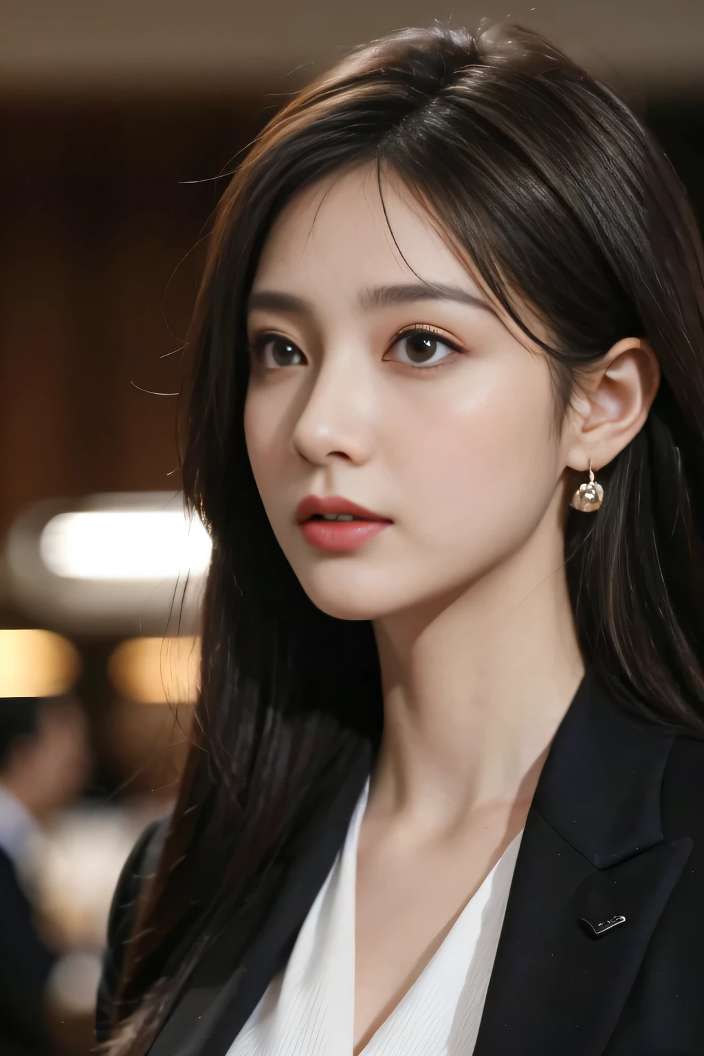 masterpiece, highest quality, Realistic, Very detailed, Finer details, High resolution, 8k wallpaper, One beautiful woman, Wear a business suit, In a great restaurant, At night, Light brown messy hair, Perfect dynamic composition, Beautiful and beautiful eyes、Big earrings