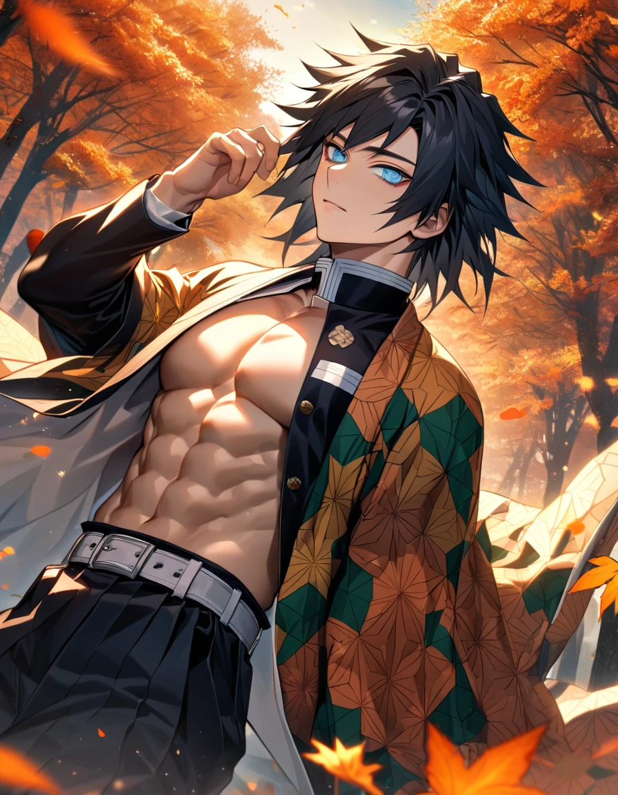 Ultra detailed, Highres, absurdres, HDR, Tomioka Giyuu, black hair with bangs, blue eyes, Kimetsu No Yaiba, haori with patterns, black Demon Slayer uniform, 1 sexy man only, petals, flowers, autumn, handsome, orange leaves, black pants, toned chest, extremely detailed eyes and face,
