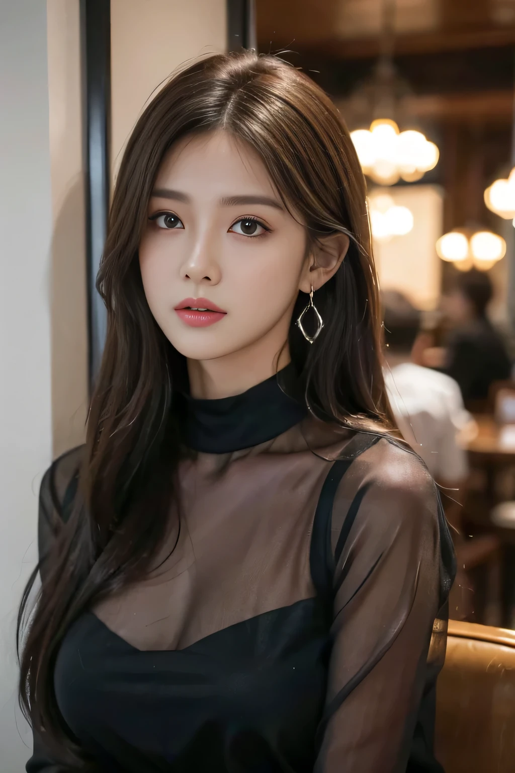 masterpiece, highest quality, Realistic, Very detailed, Finer details, High resolution, 8k wallpaper, One beautiful woman, Wear a black see-through shirt, In a great restaurant, At night, Light brown messy hair, Perfect dynamic composition, Beautiful and beautiful eyes、Big earrings