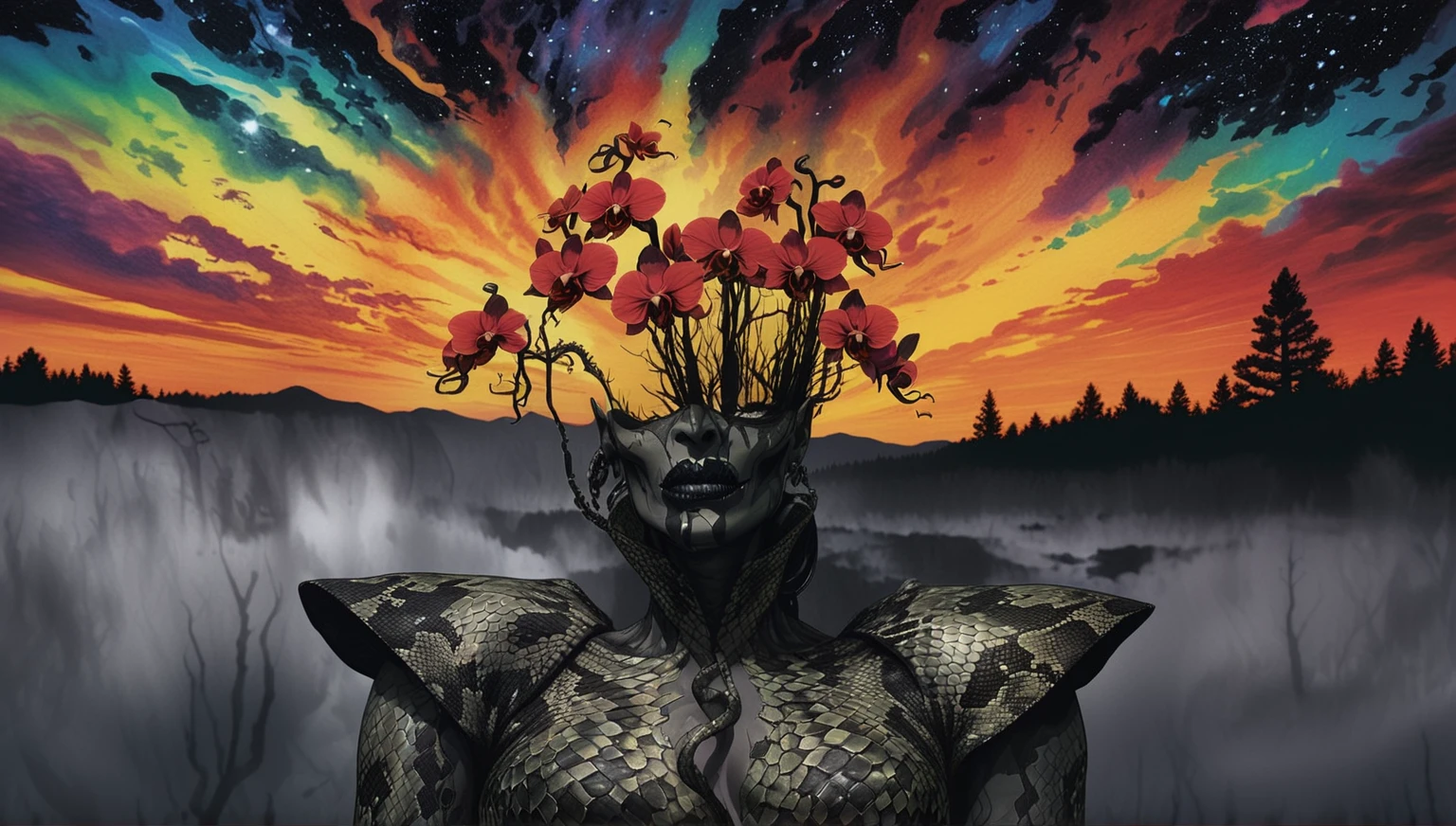 Medusa, colors, bleak muted deep fiery radiant glowing ROYGBIV, splash page decompressed comic cover art, ink style figure, ((expressive Joelle Jones and "Sean Gordon Murphy" comic drawing)), wordless, cinematic poster, double exposure, optical illusion, image within image, abyss void black no visibility darkness, full length portrait, (background, pine barrens, entropy, rewilding, magic hour sunset, galaxy stars, cosmos), (horror, abstract, surreal, body, cosmic), candid, snake skin dress, morphology anatomy drawn Frederic Delavier musculature anatomical illustration, (face, ornate black-metal corpsepaint face paint, resembles Grace Jones), (body, Naga, snakefolk, lower body snake tail, snake woman hybrid, bald, hairless, skeleton, snake skin tattoos, piercing eyes, snake pupils, over the shoulder), (colors, bleak muted deep fiery radiant glowing ROYGBIV, forest green, earth brown), craftsmanship nuance, (Gerardo Zaffino charcoal), subliminal orchids, nyctophobia, silhouette