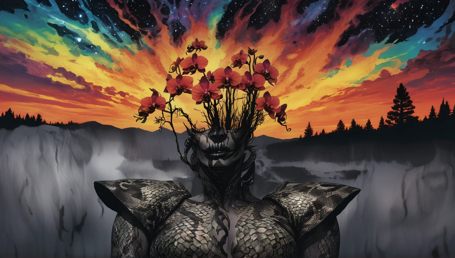 Medusa, colors, bleak muted deep fiery radiant glowing ROYGBIV,  splash page decompressed comic cover art, ink style figure, ((expressive Joelle Jones and "Sean Gordon Murphy" comic drawing)), wordless, cinematic poster, double exposure, optical illusion, image within image, abyss void black no visibility darkness, full length portrait, (background, pine barrens, entropy, rewilding, magic hour sunset, galaxy stars, cosmos), (horror, abstract, surreal, body, cosmic), candid, snake skin dress, morphology anatomy drawn Frederic Delavier musculature anatomical illustration, (face, ornate black-metal corpsepaint face paint, resembles Grace Jones), (body, Naga, snakefolk, lower body snake tail, snake woman hybrid, bald, hairless, skeleton, snake skin tattoos, piercing eyes, snake pupils, over the shoulder), (colors, bleak muted deep fiery radiant glowing ROYGBIV, forest green, earth brown), craftsmanship nuance, (Gerardo Zaffino charcoal), subliminal orchids, nyctophobia, silhouette
