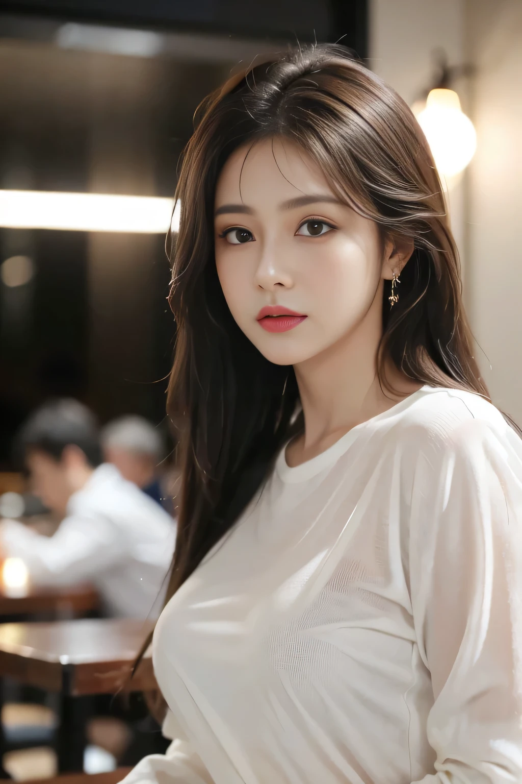masterpiece, highest quality, Realistic, Very detailed, Finer details, High resolution, 8k wallpaper, One beautiful woman, Wear a black see-through shirt, In a great restaurant, At night, Light brown messy hair, Perfect dynamic composition, Beautiful and beautiful eyes、Big earrings