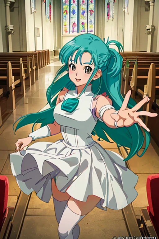 (best quality,artwork,anime,portrait),(Bulma from Dragon Ball,short dress,white wedding dress,inside a church,bright eyes,loose hair,white stockings,beautiful smile)