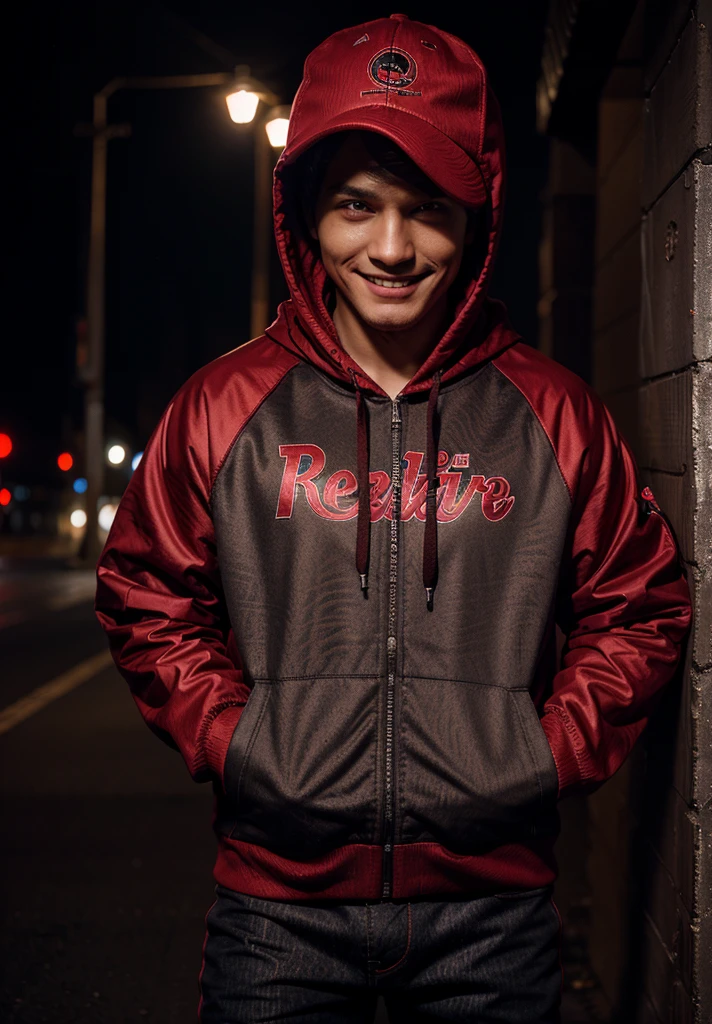 1man, short hair red, red eyes, smile, black hoodie jacket, symbol print in hoodie jacket, jeans pant, cap in head, at night,