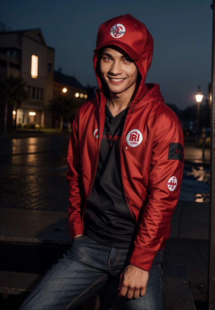 1man, short hair red, red eyes, smile, black hoodie jacket, symbol print in hoodie jacket, jeans pant, cap in head, at night,