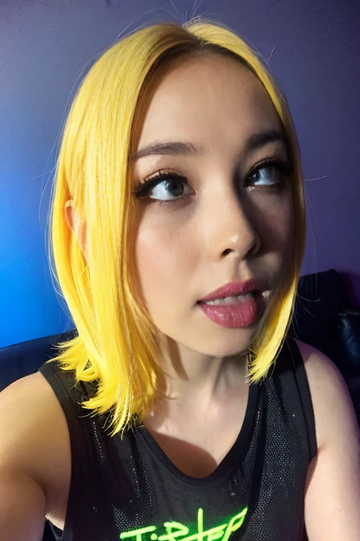(ultra realistic),Photo, high quality, Analog Photography Ahegao , (low lighting), (neon atmosphere) light background ,portrait of a girl, Ahegao, blonde,chölka, view from above, detailed eyes,