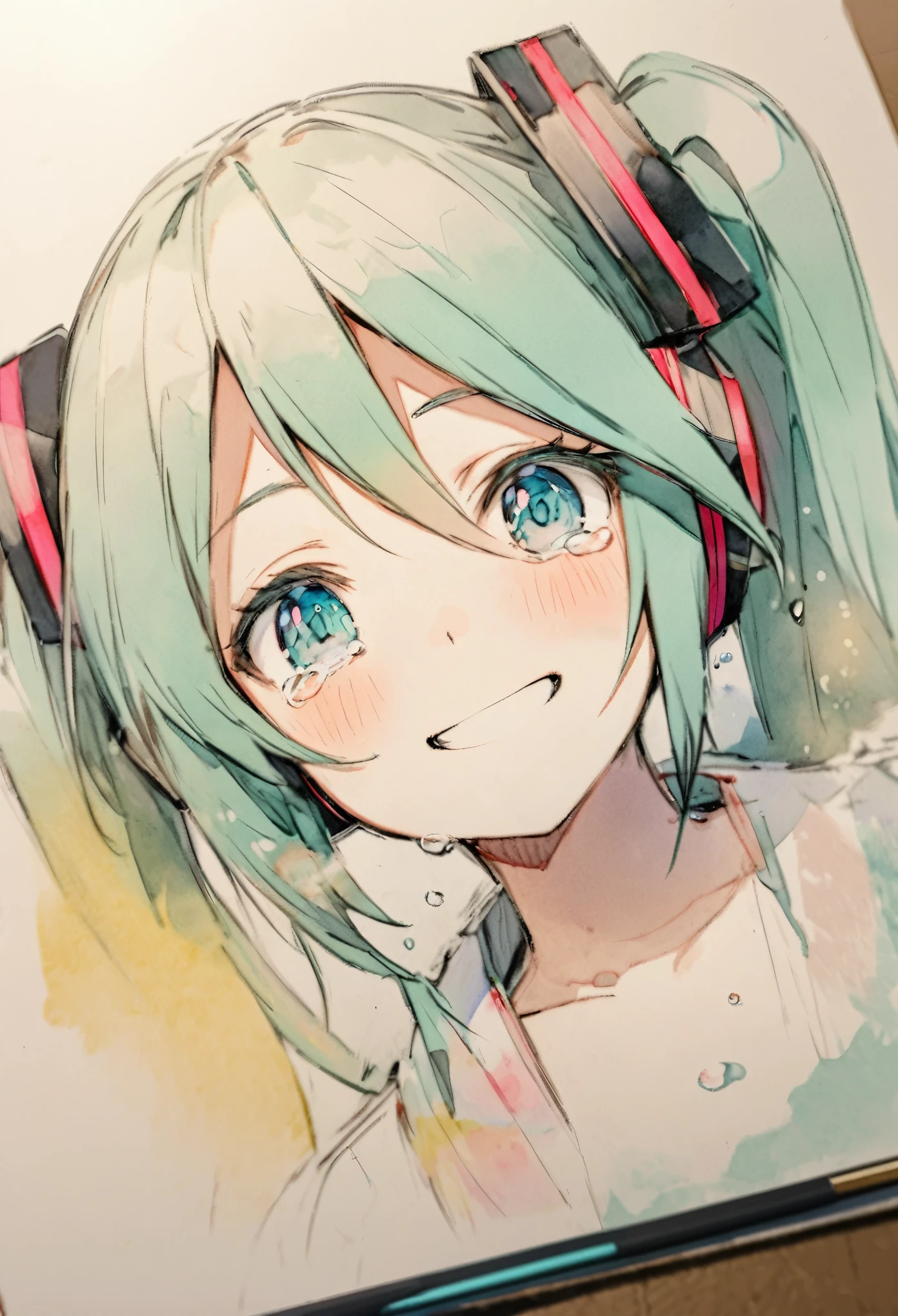 hasune_miku, tears of joy, smiling, tear dropping, fading out, disappearing, water color, high-res, pencil sketch, ultra detailed, 8k