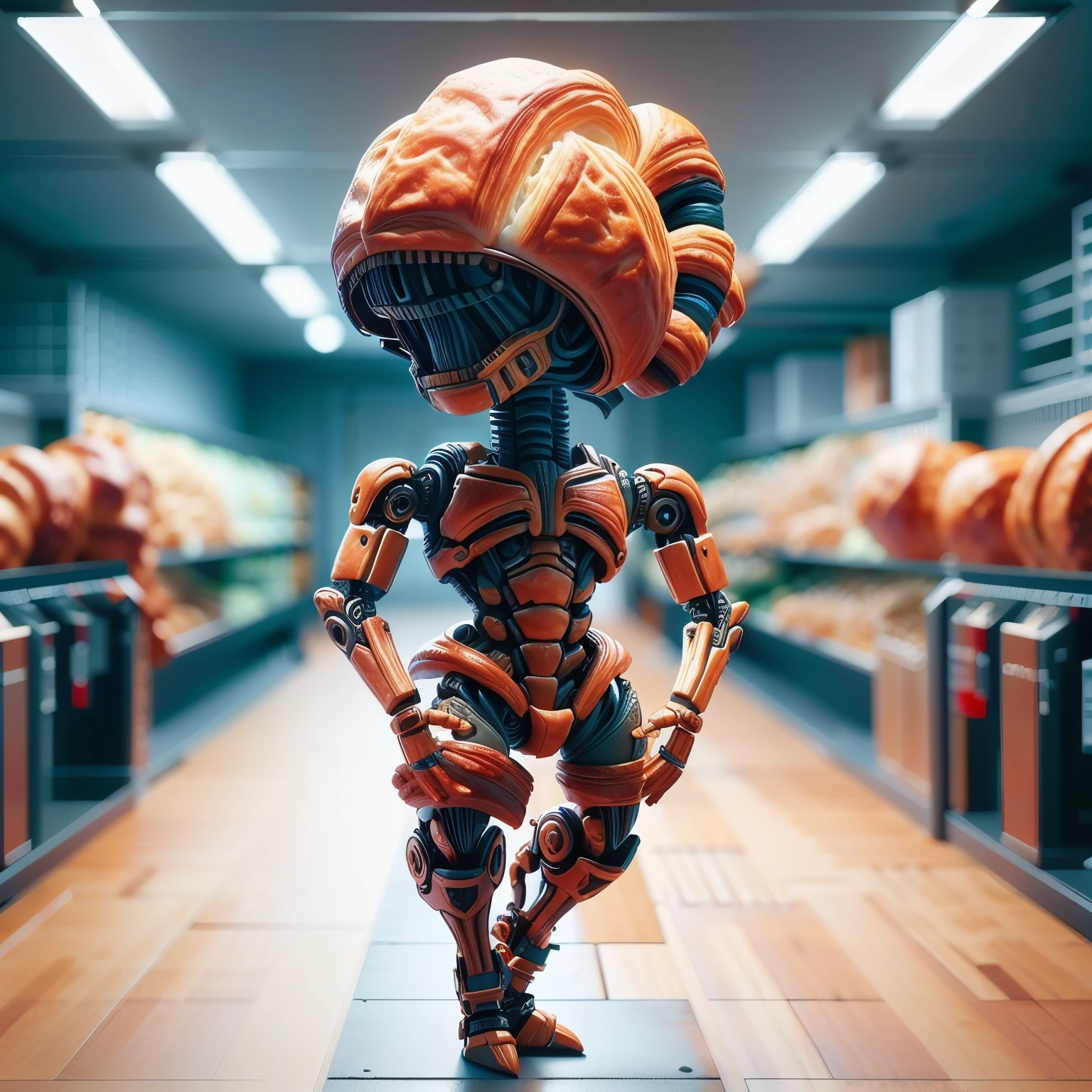 Croissant-carving,a realistic fighting alien figurine entirely made from Croissant,realistic style,cinematic feel,clean empty background,