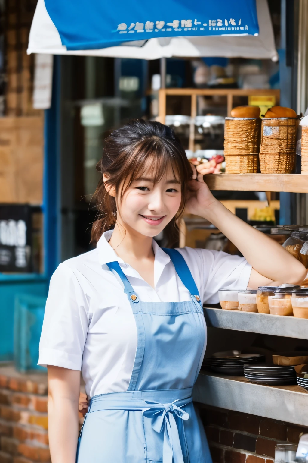 cafe owner, blue apron, white shirts