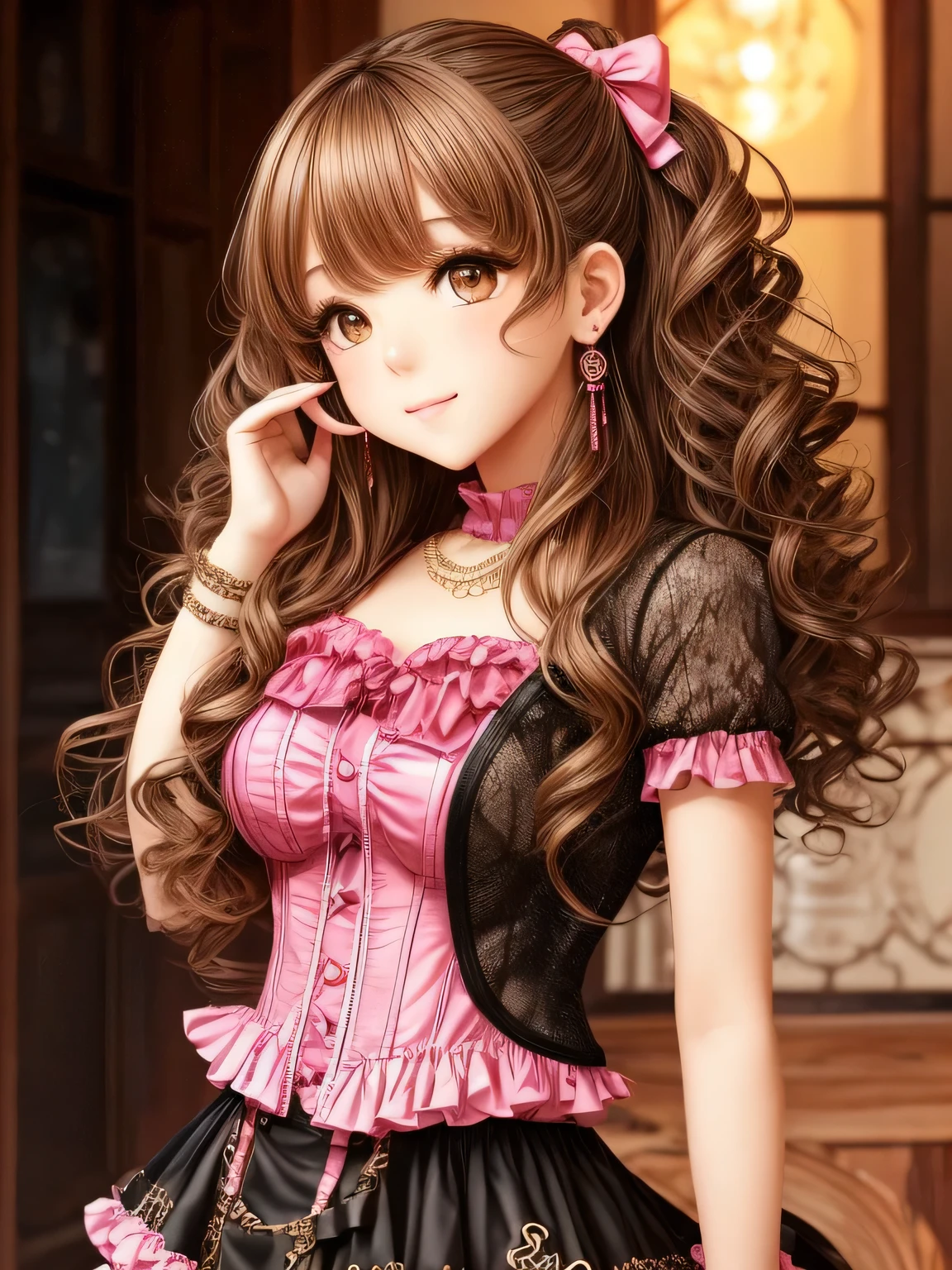 A girl with curly, light brown hair and an oval face. She has round, doe eyes with brown color and manga-style eyelashes. She is wearing gyaru makeup and animal print clothes, which reflect her gyaru clothing style. Her outfit consists of black and pink colors, with a corset and skirt adorned with bows. She has long, pink nails and wears earrings with pom poms. The girl poses cutely, radiating a sense of charm and innocence.
The image should be of the best quality, with a resolution of 4k or higher. It should be ultra-detailed and have a photorealistic effect with a strength of 1.37. The lighting should be vibrant and evoke a studio-like atmosphere. The colors should be vivid and the image should have a bokeh effect in the background. The overall style of the image should be in line with portraits and anime. The colors should be vibrant and colorful, with a soft, warm light illuminating the scene.