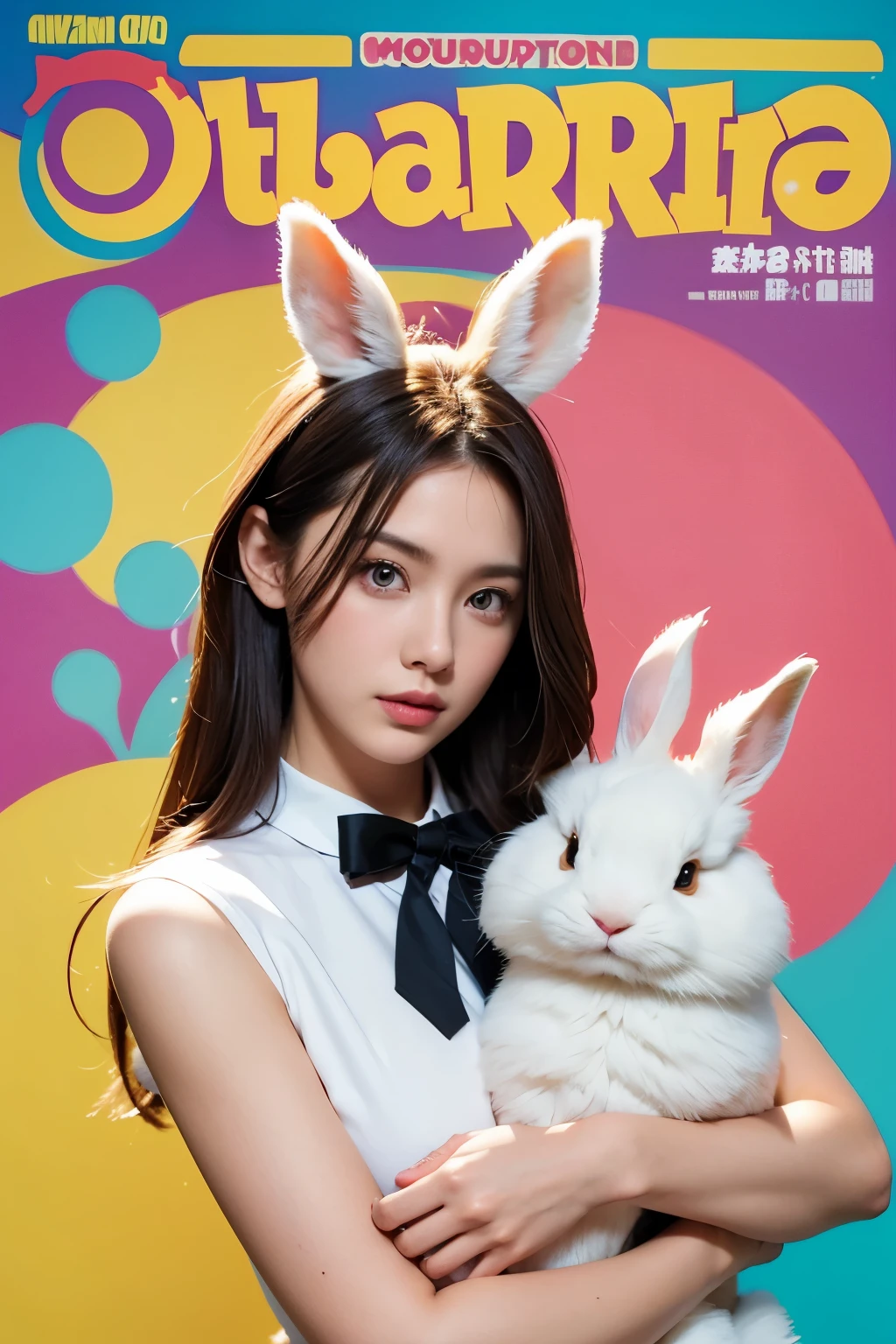 Model and background intact, Beautiful woman holding a large rabbit doll, Colorful background, magazine pose,
