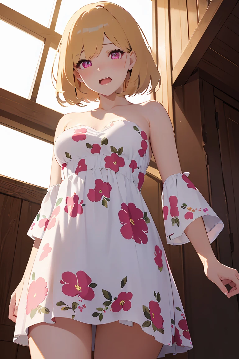 masterpiece, absurdres, best quality, ultra detailed, high Resolution, detailed illustration, bright colour, (extremely beautiful detailed face and eyes, Delicate beautiful face, 1 girl, cute face:1.3), (magenta eyes:1.1), sparkling eyes, big eyes, medium breasts, (perky breasts:1.1), (pointy breasts:1.1), medium hips, glamorous body, white skin, BREAK, long bob cut, (blonde hair:0.8), messy hair, detailed hair, shiny hair, BREAK (strapless mini casual dress with floral print, down blouse:1.5), perfect lighting, (embarrassed:1.5), (ecstasy, vulgarity:1.5), (trembling:0.8), (View from below:1.5),