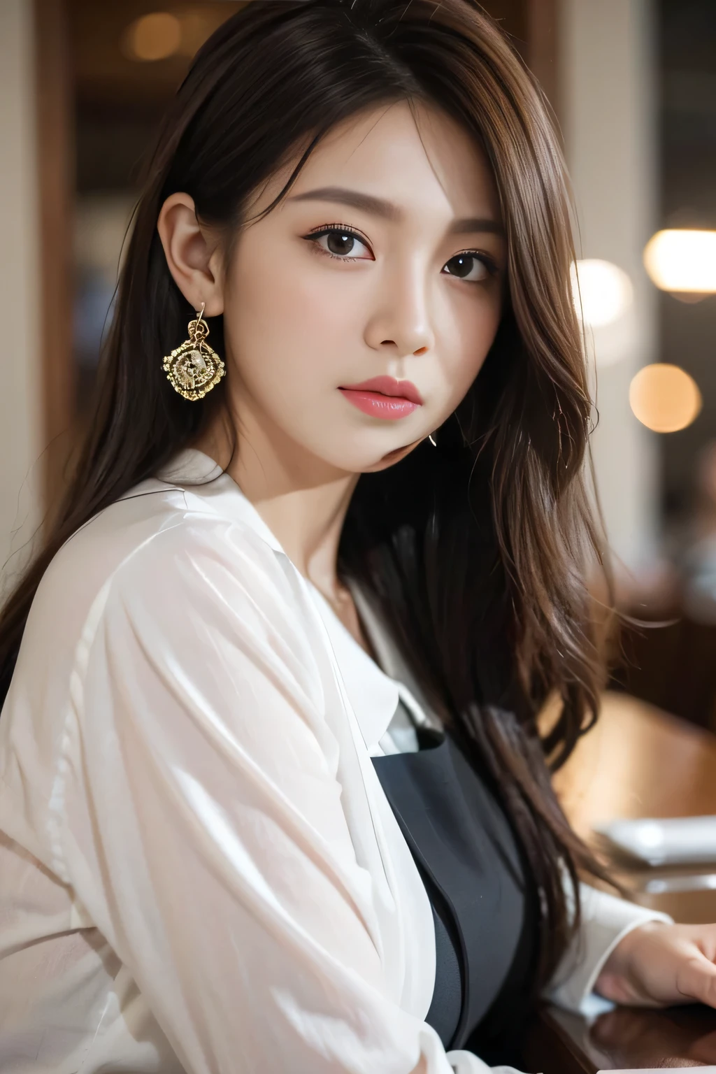 masterpiece, highest quality, Realistic, Very detailed, Finer details, High resolution, 8k wallpaper, One beautiful woman, Wear casual business attire, In a great restaurant, At night, Light brown messy hair, Perfect dynamic composition, Beautiful and beautiful eyes、Big earrings