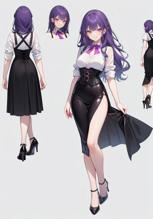 Purple hair,long hair,Adult female,Bartender,((Body harness)),((Rolling up your sleeves shirt)),(Corset),(Long skirt),(slit),High heels,((Simple background)),Smile,((Full body)),((whole body)),Character Sheet,