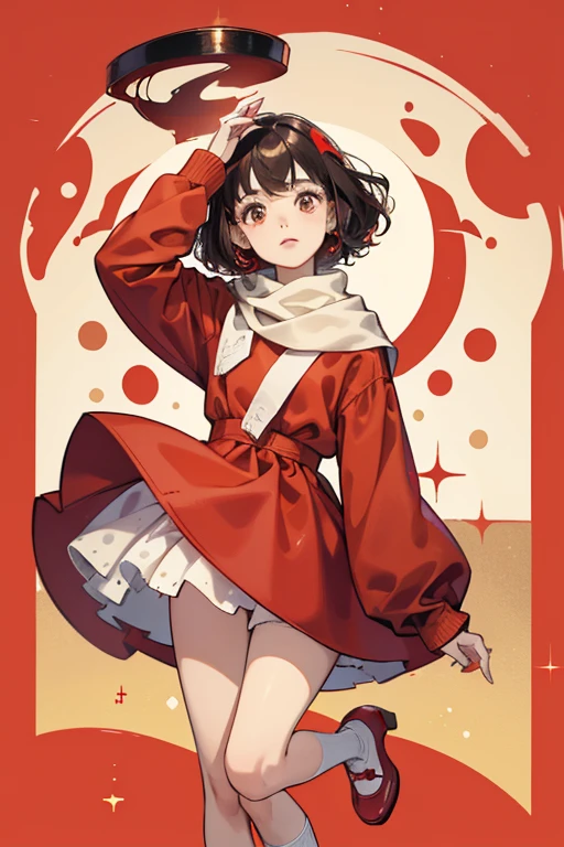 Dora wears a knee-length red dress with long sleeves, red shoes, white socks, and a red scarf with white polka dots in her hair. Her hair is yellow, curly, and she has bangs. Her eyes are solid black circles, and her nose is a very small oval. SPARKLE; GLITTER