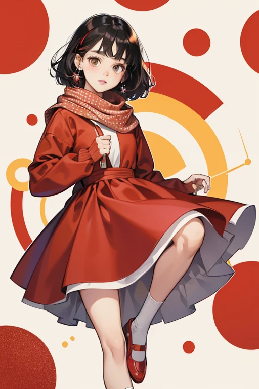 Dora wears a knee-length red dress with long sleeves, red shoes, white socks, and a red scarf with white polka dots in her hair. Her hair is yellow, curly, and she has bangs. Her eyes are solid black circles, and her nose is a very small oval. SPARKLE; GLITTER