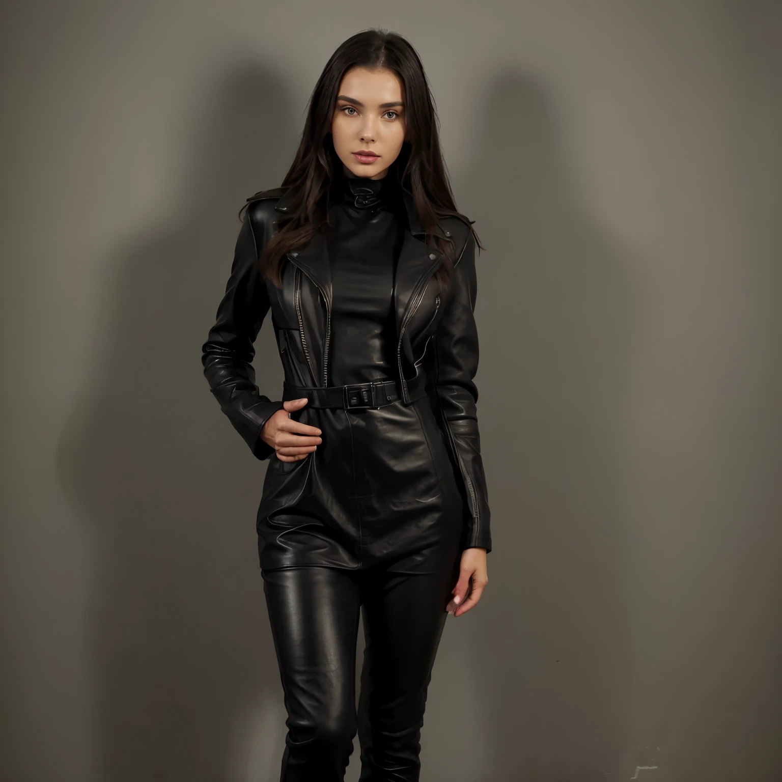a woman in a black dress and a black jacket posing for a picture, leather clothes, black leather slim clothes, leather, skintight jet black leahter coat, leather clothing, black jacket, leather coat, girl in a suit, short leather coat, leather top, anastasia ovchinnikova, long black jacket, black leather, wearing a full leather outfit