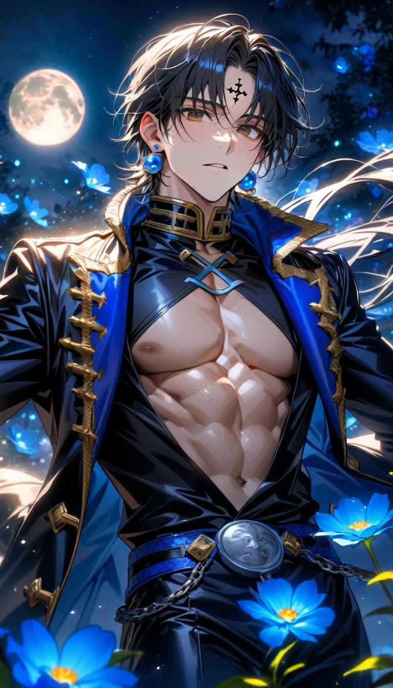 absurdres, highres, ultra detailed, HDR, master piece, best quality, Chrollo Lucilfer, black hair, expressive brown eyes, cross tattoo on the forehead, Hunter x Hunter, black leather coat, blue earrings, solo, sexy man, handsome, toned chest, moon, blue blossom, blue flowers, shining blue lights, fireflies